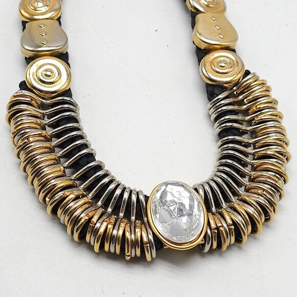 Gold Silver Tone Clear Rhinestone Steampunk Choker Black Braided Cord - Picture 2 of 7